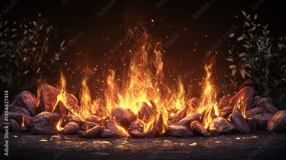 Fiery Flames Erupting from a Pile of Rocks Fiery Flames Erupting from a Pile of Rocks