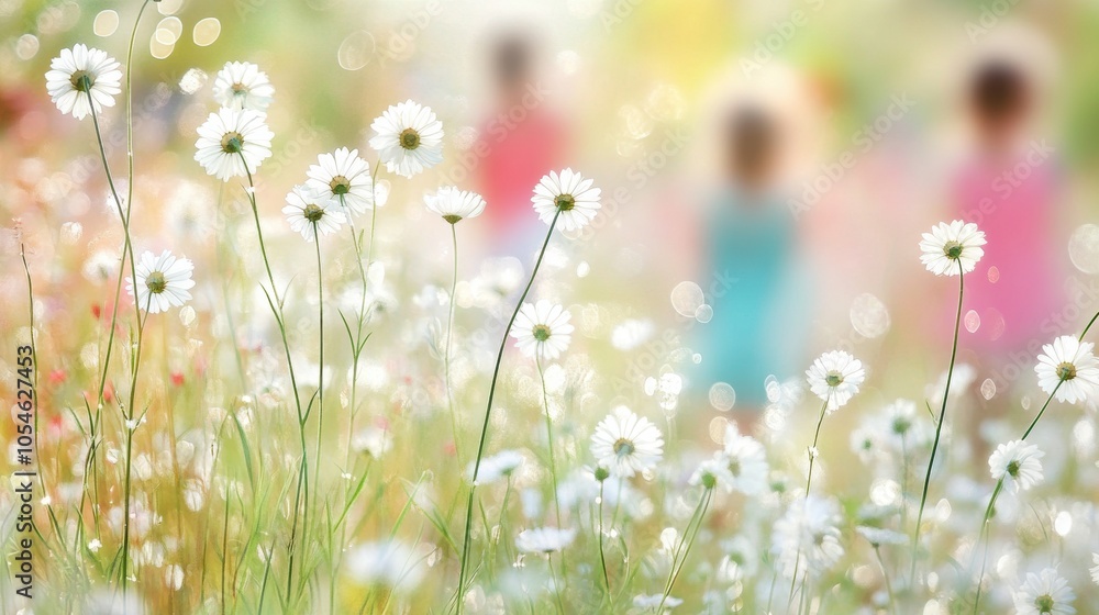 Daisies in a sunlit meadow with blurred figures in the background, AI Daisies in a sunlit meadow with blurred figures in the background, AI
