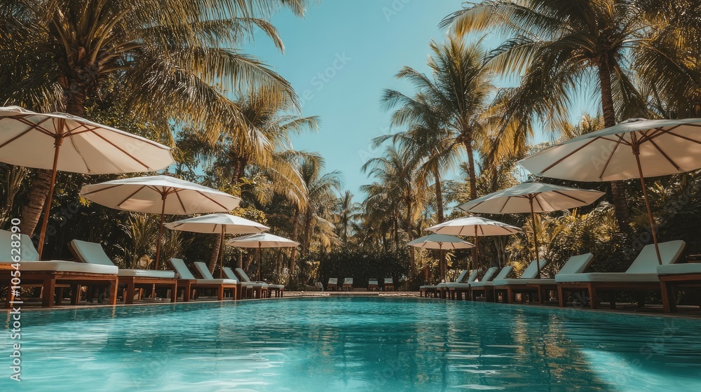 Serene Tropical Pool Surrounded by Palm Trees Serene Tropical Pool Surrounded by Palm Trees