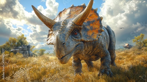 Majestic triceratops in a vibrant prehistoric landscape photo