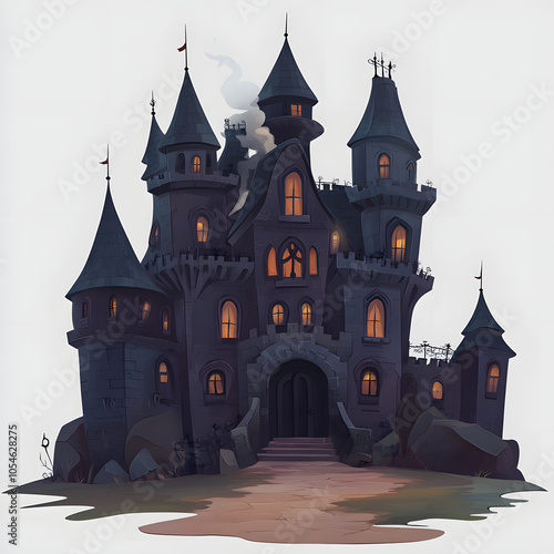 spooky old gothic castle, foggy night, haunted mansion with white shades, png