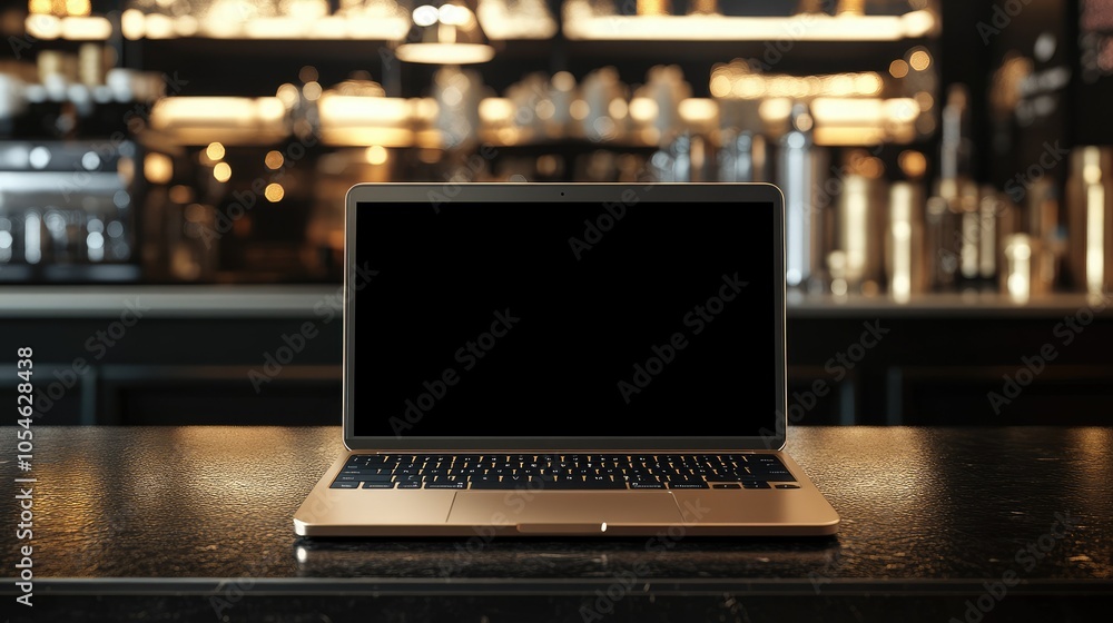 Modern Laptop on Counter in Stylish Cafe Setting Modern Laptop on Counter in Stylish Cafe Setting