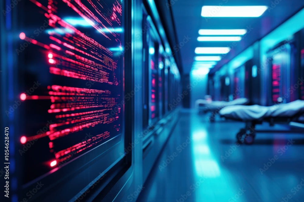 Data center with glowing servers and advanced technology elements. Data center with glowing servers and advanced technology elements.