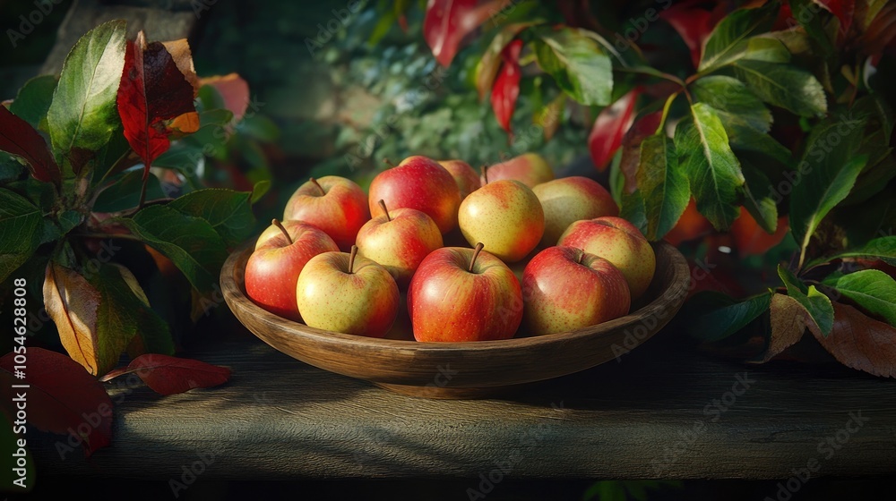 Fresh Apples in a Wooden Bowl Surrounded by Leaves Fresh Apples in a Wooden Bowl Surrounded by Leaves