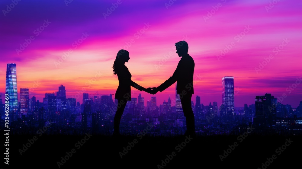 Two people shaking hands against a backdrop of a city skyline, symbolizing trust and collaboration Two people shaking hands against a backdrop of a city skyline, symbolizing trust and collaboration