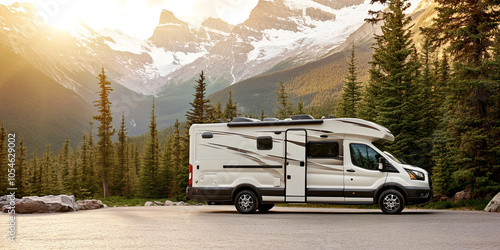 A white van with a trailer attached to it is parked on a road in front of a mountain range