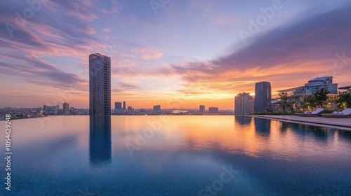 Stunning Sunset View Over Infinity Pool in Cityscape photo