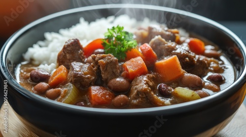 Hearty Stew with Vegetables and Rice in Bowl