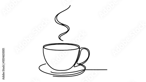 One continuous line illustration of a mug with a drink and steam, isolated on white background.