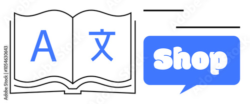 Open book with language symbols next to blue speech bubble with the word Shop Ideal for language learning, bookstores, online shopping, education, and international communication Simple and clean