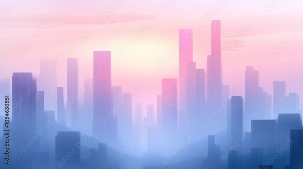 Futuristic cityscape with skyscrapers enveloped in a soft pink and blue mist, AI Futuristic cityscape with skyscrapers enveloped in a soft pink and blue mist, AI