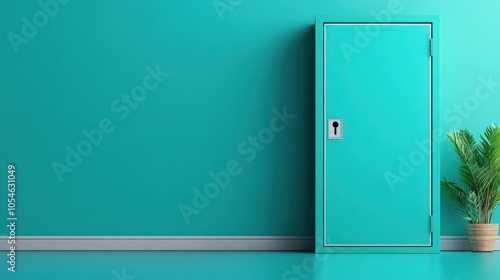 Turquoise wall with a stylish door and a potted plant beside it.