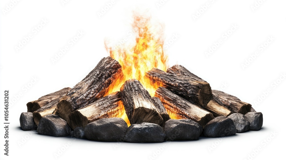 Campfire with glowing flames and stacked firewood