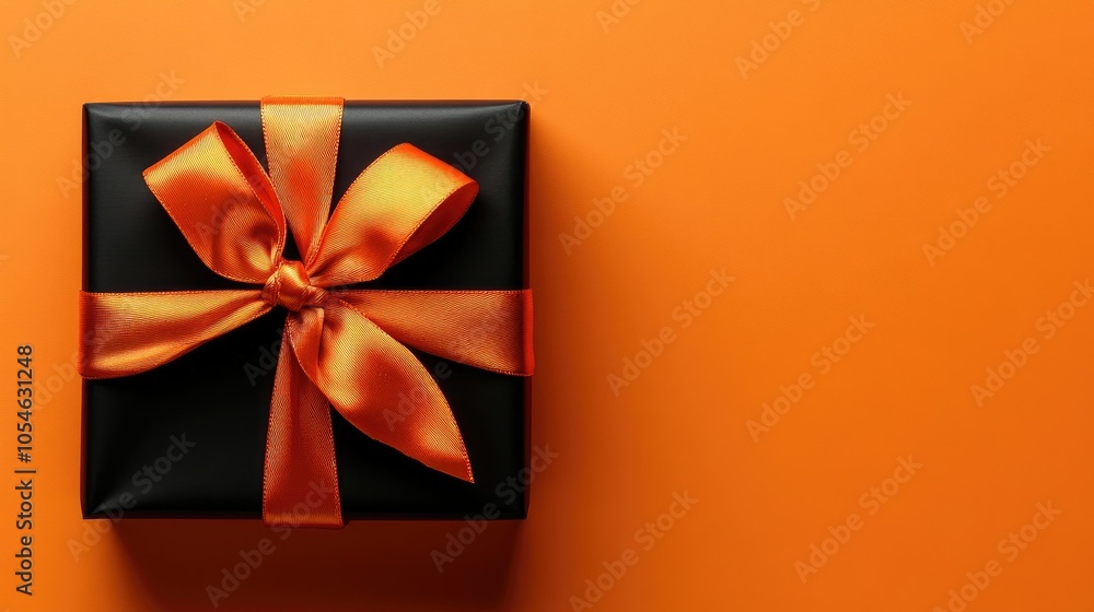Elegant Black Gift Box with Orange Ribbon on Orange Background Elegant Black Gift Box with Orange Ribbon on Orange Background