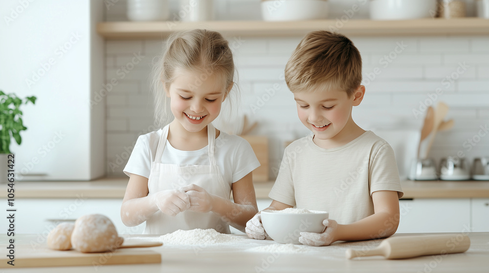 Children happily baking in a modern, tidy kitchen with a light and minimalistic decor. Children happily baking in a modern, tidy kitchen with a light and minimalistic decor.