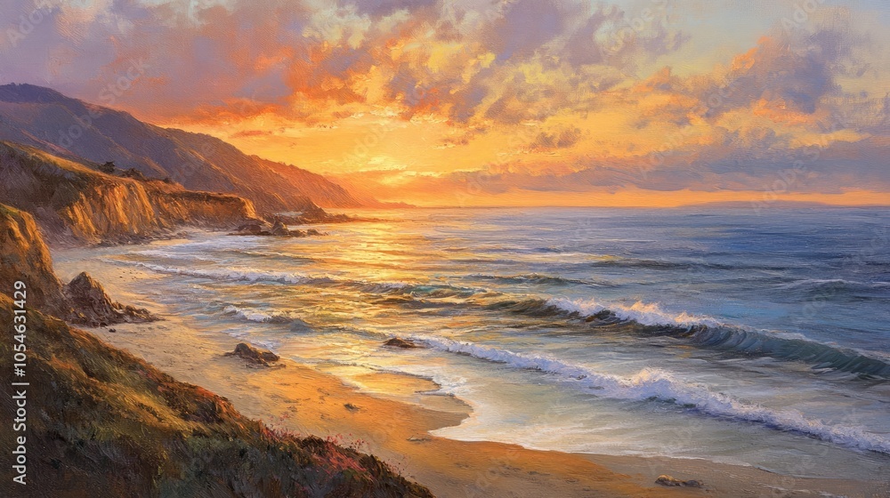 Obraz premium Serene Sunset Over Tranquil Ocean Shoreline