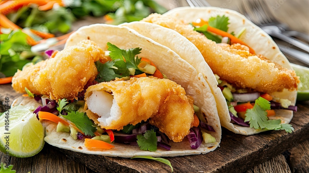 Crispy Fish Tacos with Fresh Vegetables and Lime Crispy Fish Tacos with Fresh Vegetables and Lime