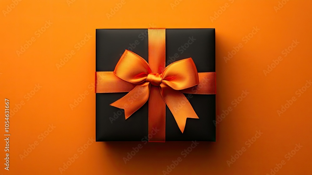 Elegant Black Gift Box with Orange Bow on Orange Background Elegant Black Gift Box with Orange Bow on Orange Background