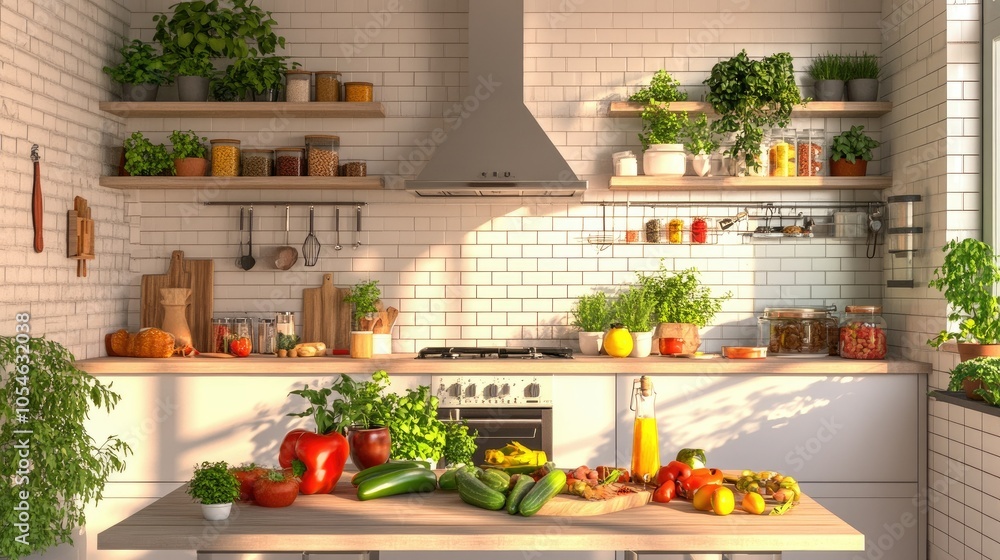 Modern Kitchen with Fresh Vegetables and Herbs Modern Kitchen with Fresh Vegetables and Herbs