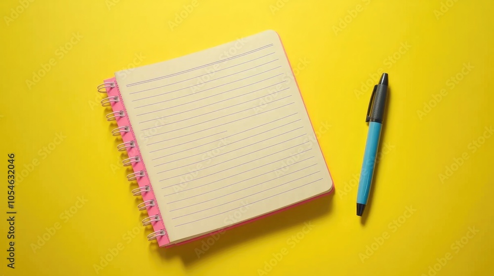 Colorful Notebook and Pen on Bright Yellow Background Colorful Notebook and Pen on Bright Yellow Background