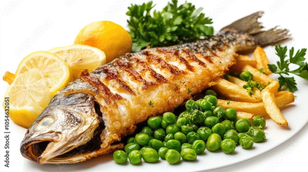 Grilled Fish with Lemon and Green Peas on Plate Grilled Fish with Lemon and Green Peas on Plate