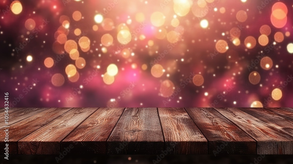 Enchanted Bokeh Background with Wooden Table Display Enchanted Bokeh Background with Wooden Table Display