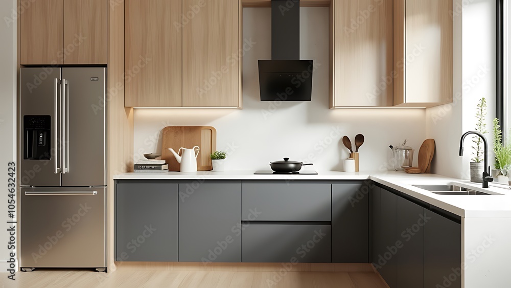 Luxury home kitchen interior with cooking cabinet and kitchenware, fridge Luxury home kitchen interior with cooking cabinet and kitchenware, fridge