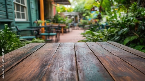 Serene Outdoor Garden with Wooden Table Perspective