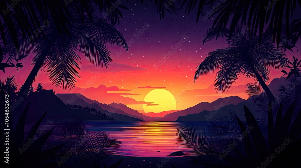 Obraz premium Vibrant Sunset Over Tropical Landscape