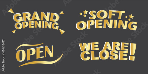 set Grand opening shinny golden text with confetti isolated on dark background,soft opening,open,we are close text vector