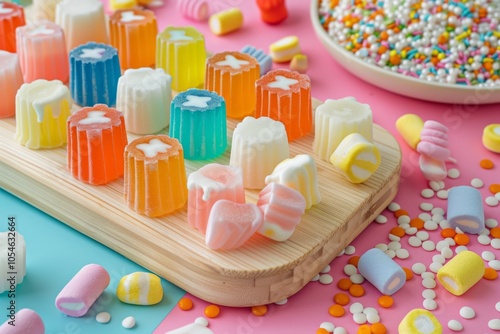 Colorful jelly and candy arrangement on pastel background photo