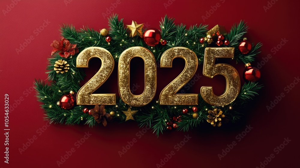 Festive New Year 2025 Decorations on Red Background Festive New Year 2025 Decorations on Red Background