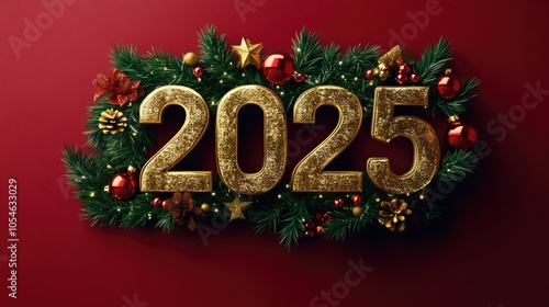 Festive New Year 2025 Decorations on Red Background