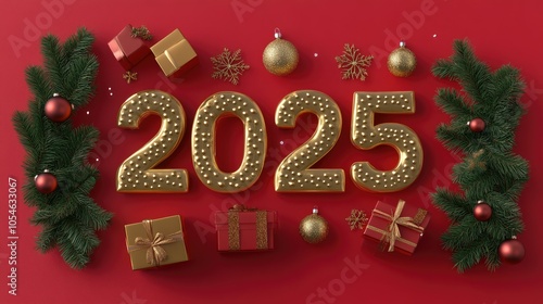 Festive 2025 Celebration Design with Gifts and Ornaments