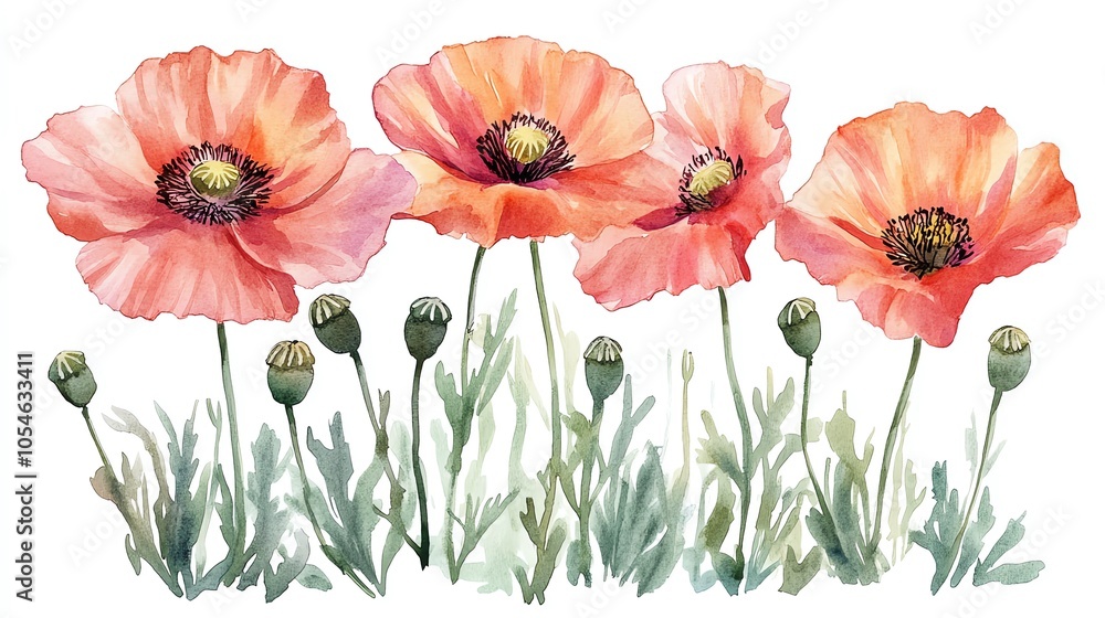 Obraz premium Watercolor painting of four red poppies with green leaves and buds on a white background.