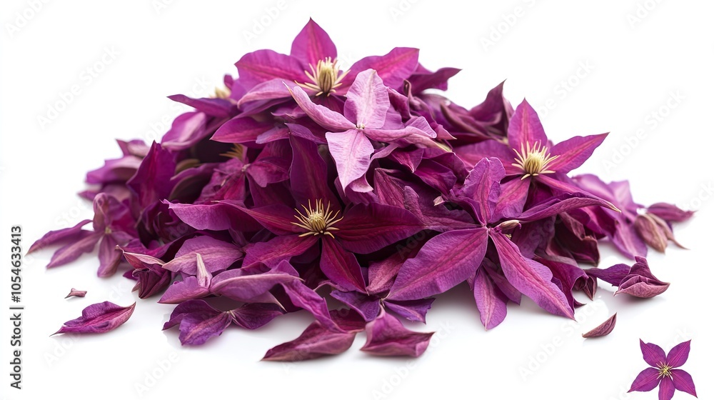 A pile of vibrant purple clematis flower petals isolated on a white background. A pile of vibrant purple clematis flower petals isolated on a white background.
