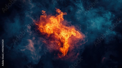 Dynamic Flame With Blue Smoke Background