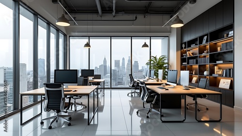 Modern open office space with large windows and city view. 3D Rendering