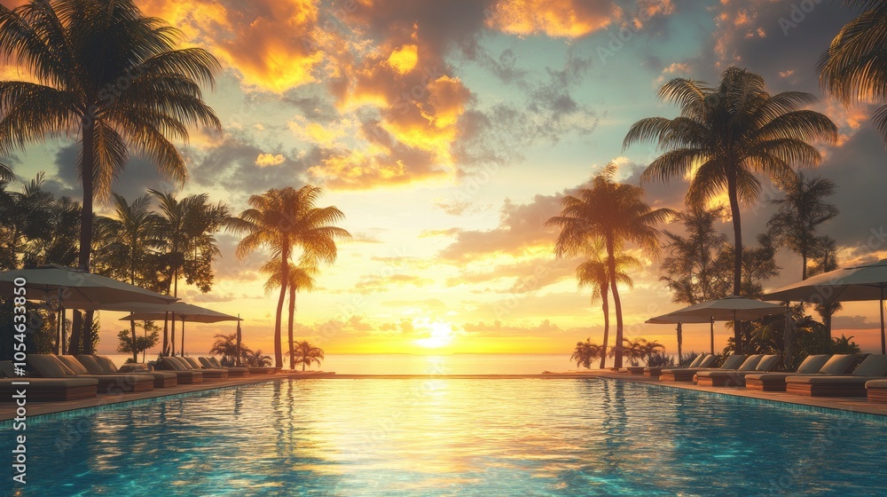 Obraz premium Tranquil Sunset Over Pool with Palm Trees