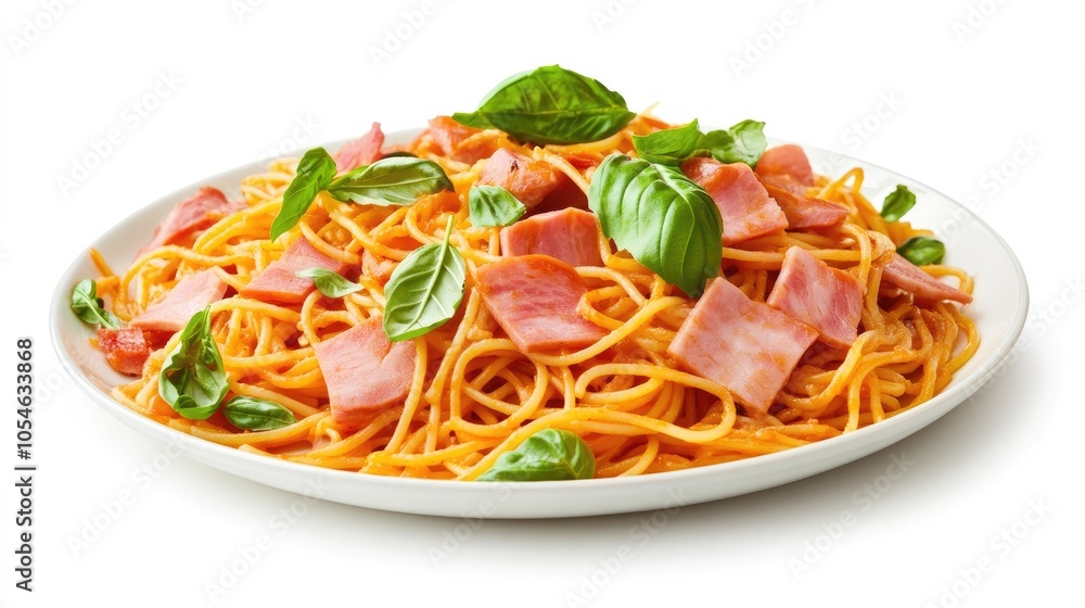 Delicious Pasta with Ham and Fresh Basil Garnish Delicious Pasta with Ham and Fresh Basil Garnish