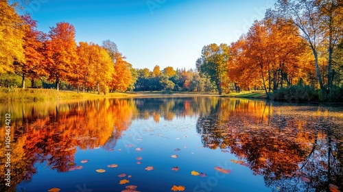 Tranquil Lake Surrounded by Vibrant Autumn Foliage