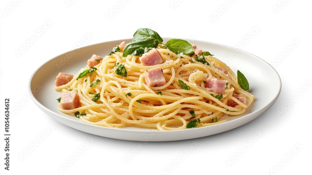 Delicious spaghetti with ham and basil garnish Delicious spaghetti with ham and basil garnish