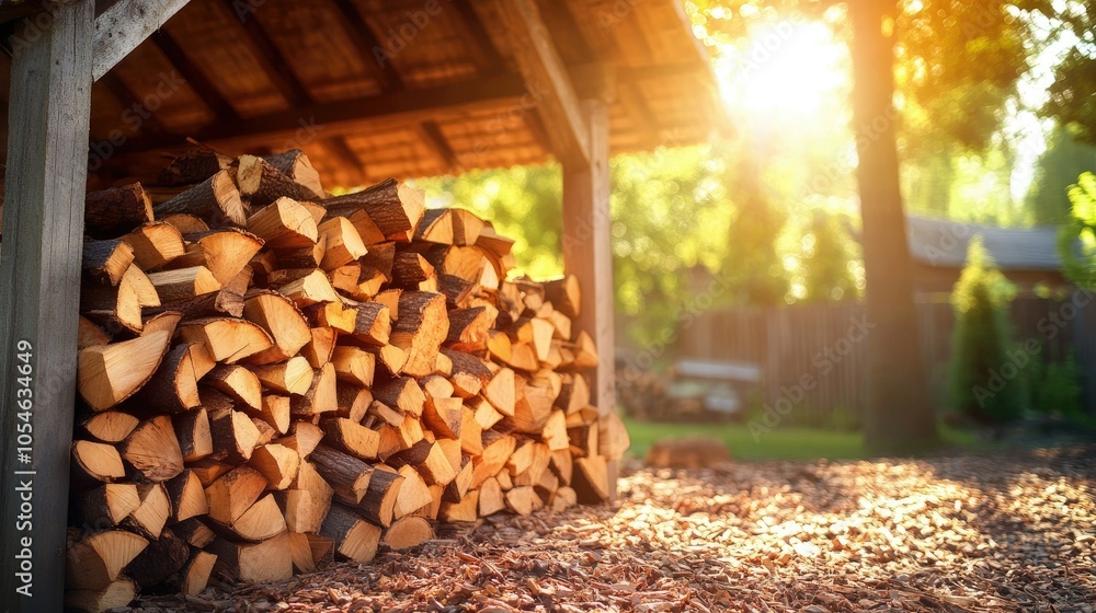 Wood Pile Under a Shelter at Sunset Wood Pile Under a Shelter at Sunset
