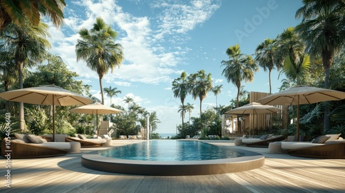 Tropical Oasis with Pool Surrounded by Palm Trees