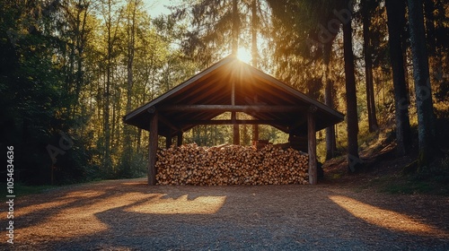 Wood Storage Shed in Serene Forest Setting photo