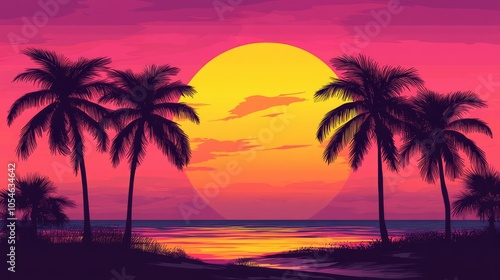 Vibrant Sunset Over Tropical Landscape with Palm Trees