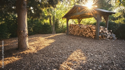 Warm Sunlight Over Woodstack in Serene Forest Setting