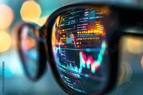 Pair of glasses with screen displaying colorful graphs, against modern office background, symbolizing data analysis and technology integration. photo