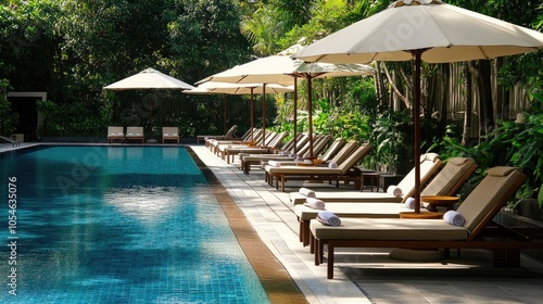 Serene Poolside Retreat with Sun Umbrellas