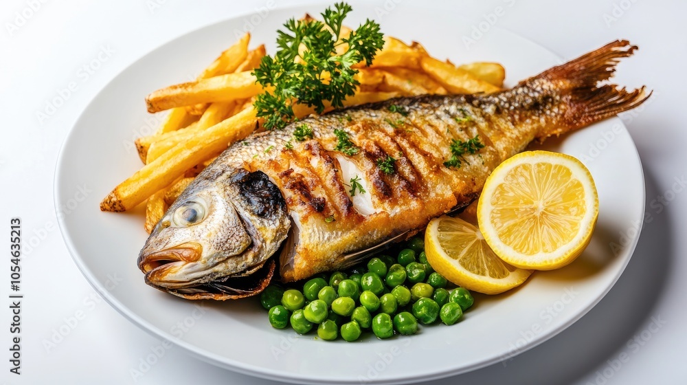 Grilled Fish with Lemon and Fries on a Plate Grilled Fish with Lemon and Fries on a Plate